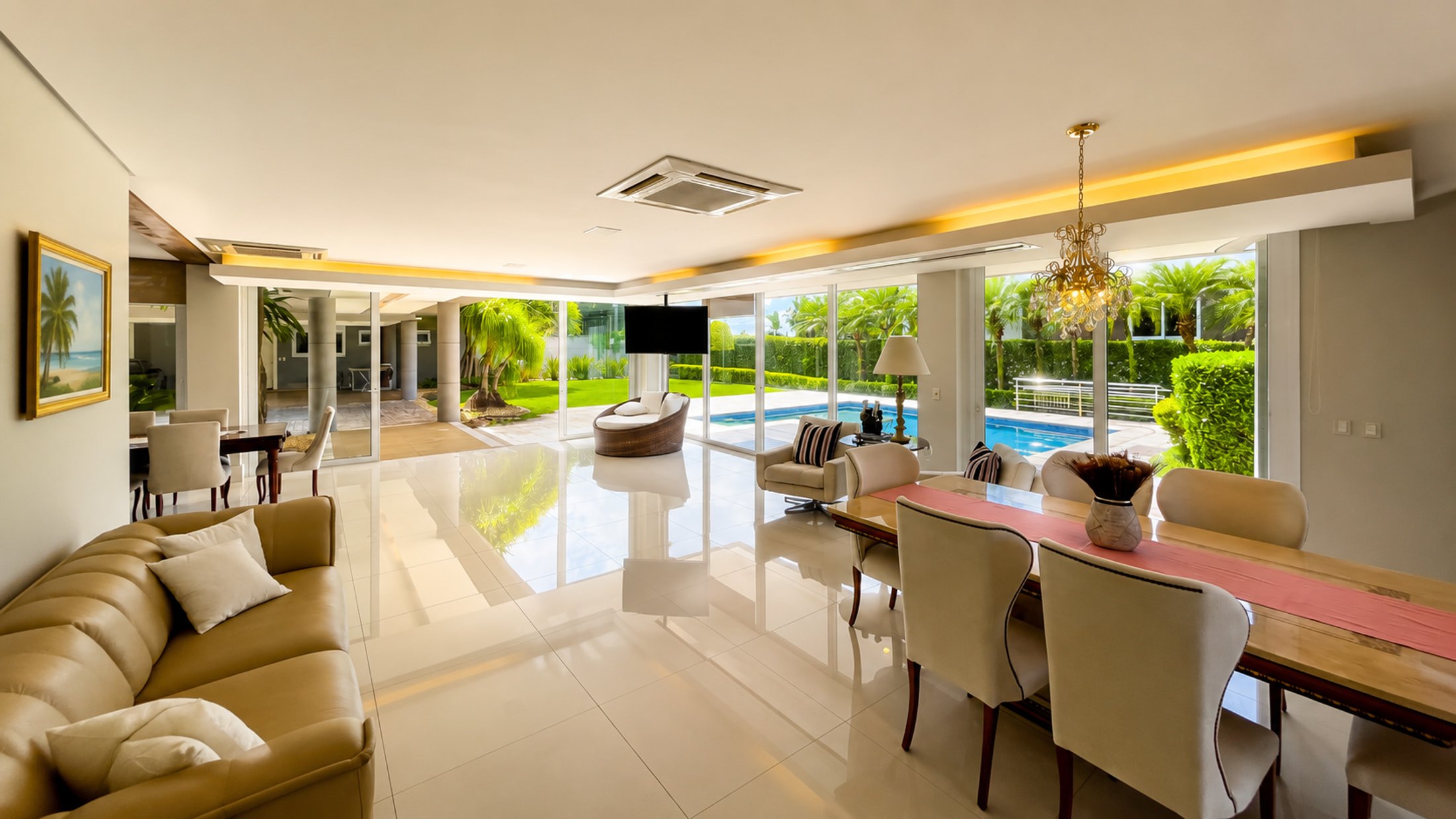 Sala integrada com vista para piscina