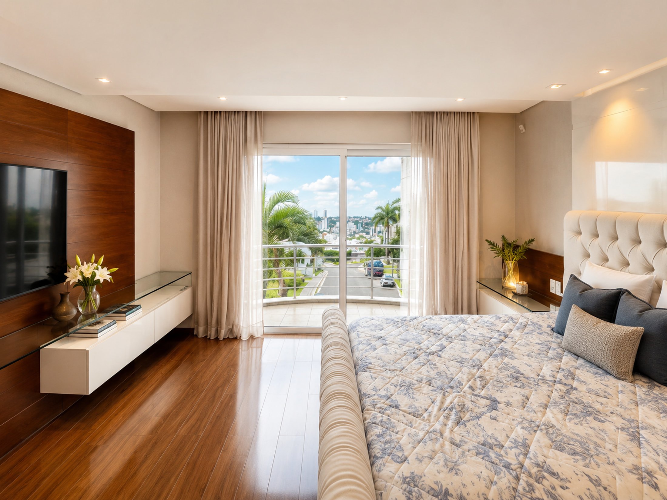 Suíte máster com painel de madeira